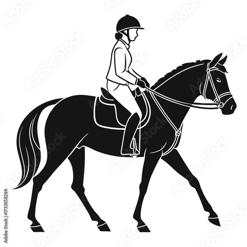 Black Silhouette of Horse Rider in Motion on White Background