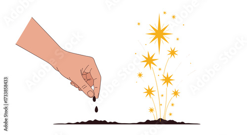Hand planting seed that grows into stars, Generative AI.