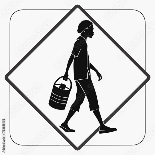 Black silhouette of person carrying bucket within diamond frame