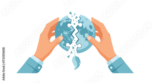 Hands assembling a broken globe puzzle symbolizing global unity and cooperation, Generative AI.