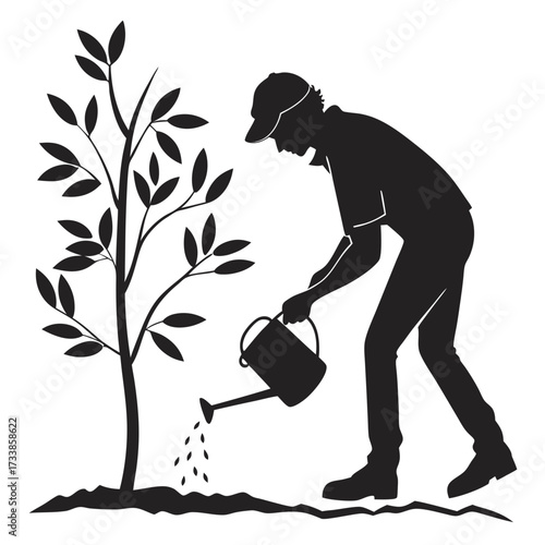 Black silhouette of person watering a young tree watering can
