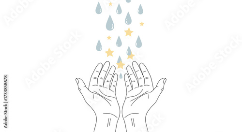 Hands catching falling raindrops and colorful stars, Generative AI.