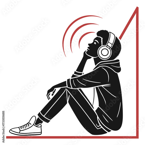 Black silhouette of person wearing headphones listening to music
