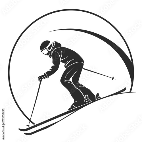Black silhouette of skier descending a slope within a circle
