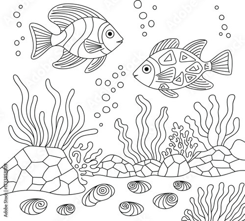 Underwater scene with two fish and aquatic plants ocean