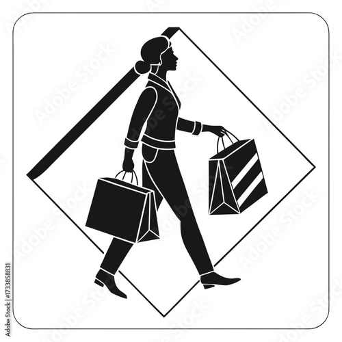 Black silhouette woman walking with shopping bags inside diamond frame