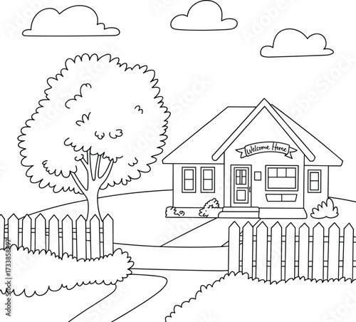 Welcome Home House with Tree and Fence building residence
