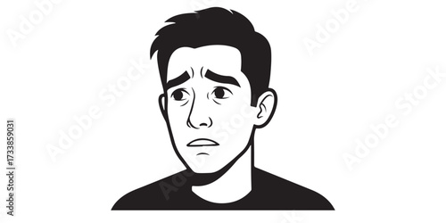 A black and white comic-style illustration of a man's face expressing fear, worry, and distress with wide eyes and a furrowed brow.