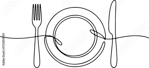 Elegant Single-Line Illustration of a Plate, Fork, and Knife, Perfect for Dining Design