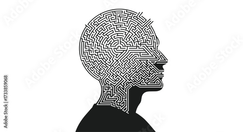 Human head silhouette filled with a complex maze pattern representing thought process, Generative AI.
