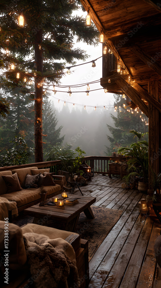 Fototapeta premium Cozy wooden cabin deck transforms into a magical escape with warm string lights, plush seating, and misty forest views creating perfect ambiance