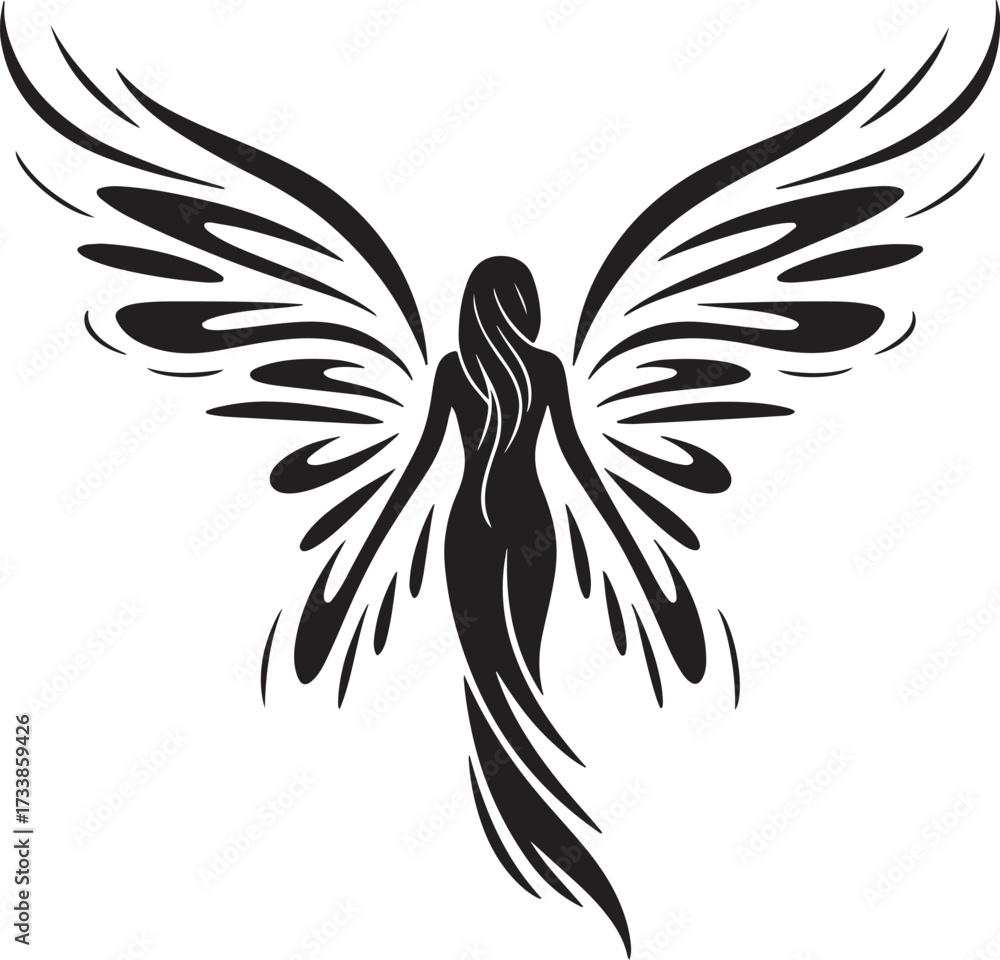 Obraz premium Striking black silhouette of winged female figure with flowing hair, elegant design for tattoos and art prints.