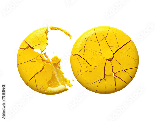 Two cracked yellow circles against a black background, showing cracks and breakage
