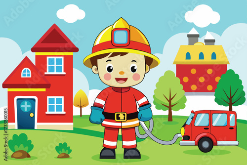 Cartoon Fireman and Fire Truck Illustration