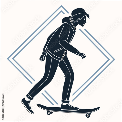 Dark blue person on skateboard with geometric background