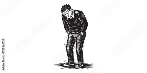 A black and white illustration of a person wearing a leather jacket and jeans, with their head bowed, appearing sad or thoughtful.