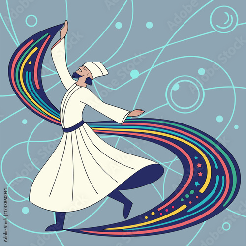 dancing girl in a red dress on a blue background
