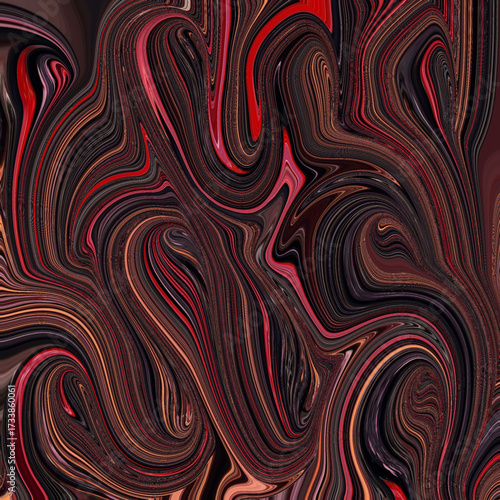 Bold abstract swirl in vivid red and dark tones, blending fluid textures with modern artistic movement. A striking digital artwork for design and decor.