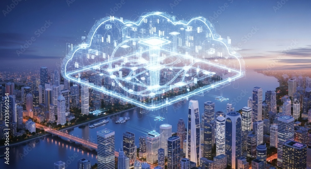 Naklejka premium Urban Data Cloud A Cityscape View of Tech Connectivity