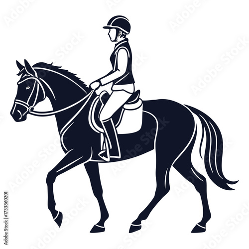 Dark blue silhouette of a horse and rider equestrian