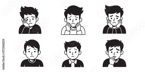 Six cartoon faces expressing sadness and worry