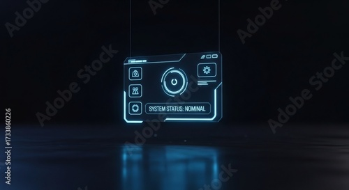 Advanced digital control panel with a glowing blue heads-up display showing nominal system status, a concept for future technology and data analysis