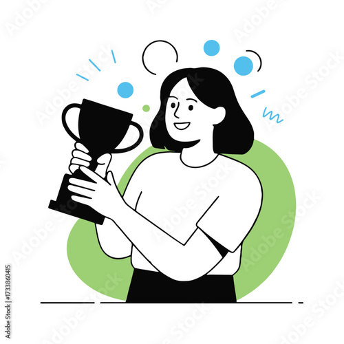 Vector art of a happy woman is holding a trophy, celebrating her success, she is smiling and looking at the trophy with pride and joy