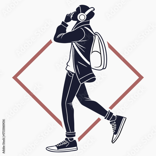 Dark blue silhouette of person with headphones and backpack walking
