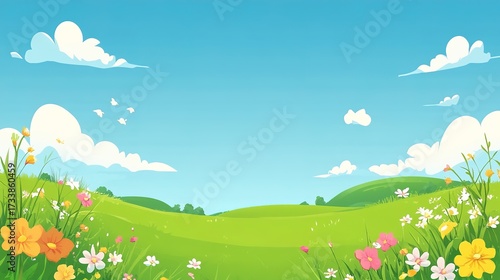 A vibrant landscape featuring green hills, colorful flowers, and a bright blue sky filled with fluffy clouds.