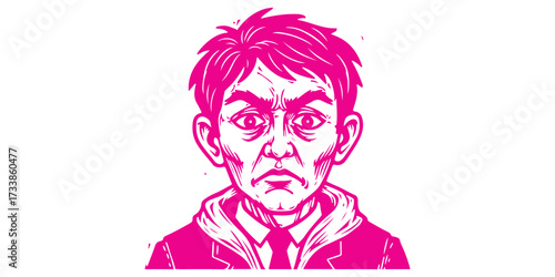 A stylized, close-up illustration of a man's face with exaggerated features and a distressed expression, rendered in bold pink and white.