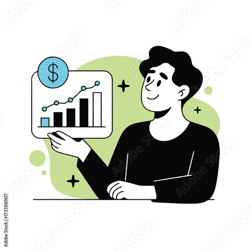 Vector art of a man is holding a graph showing business growth, he is smiling and looking at the graph with satisfaction and optimism