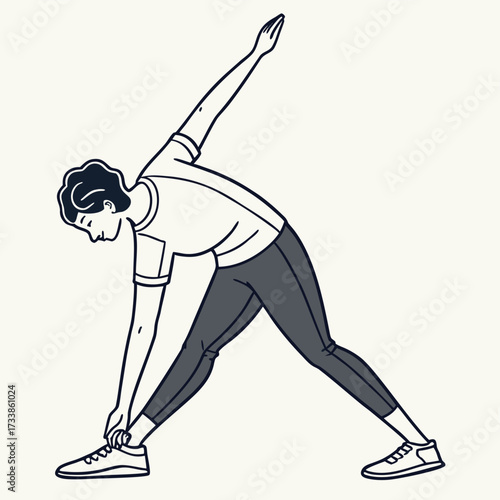 Yoga Pose Silhouette: A person strikes a Trikonasana yoga pose in an outlined style. This art piece evokes tranquility and the pursuit of wellness.
