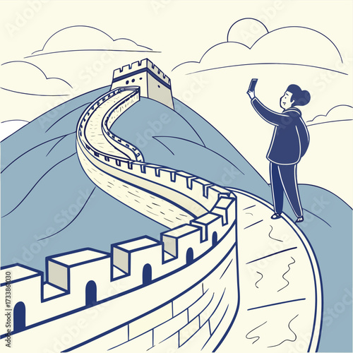 Selfie at the Wall: A traveler captures a moment on the iconic wall against a bright and simple style