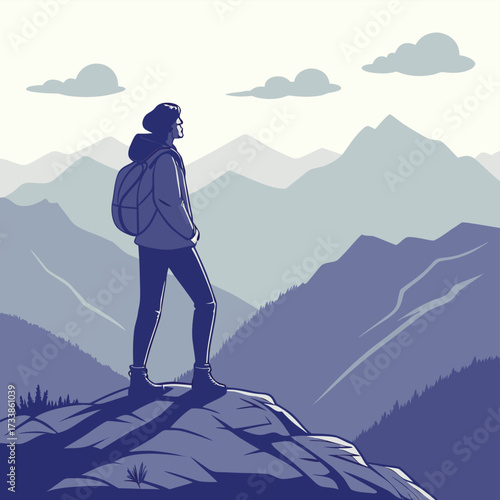 Mountain Vista: A silhouette of a woman stands atop a rocky peak, her gaze fixed on a stunning panorama of mountain ranges under a partly cloudy sky.