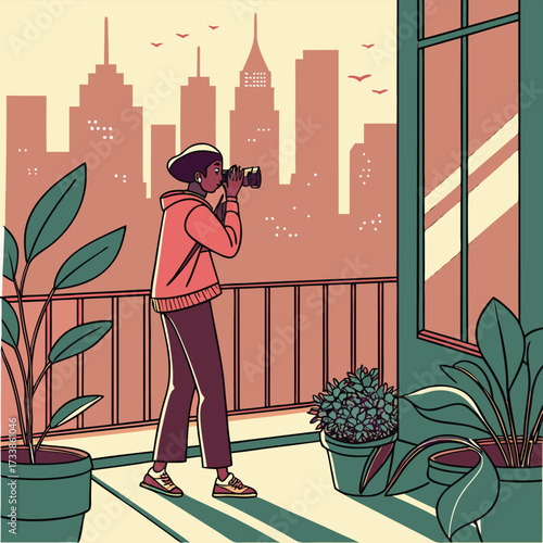 Cityscape Photographer: A creative individual, capturing the vibrant city skyline, framed by a balcony adorned with lush greenery, showcasing the beauty of the urban landscape.