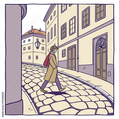 Animated City Stroll: An illustrated portrayal of a person walking down a cobblestone street in a picturesque urban setting, exuding a sense of calm and contemplation. 