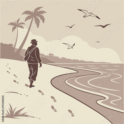 Coastal Stroll: A solitary figure embarks on a peaceful seaside journey, leaving footprints in the sand while seagulls soar above the gentle waves.