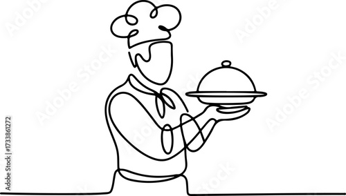 Single-line chef illustration presenting a dish, culinary arts, cooking, and dining