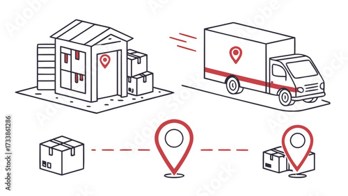 Delivery truck and warehouse with location pins shipping