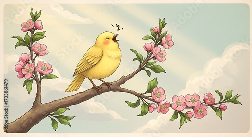 Cartoon bird singing on branch with pink blossoms under partly cloudy sky