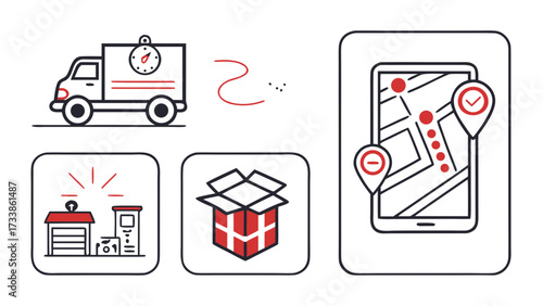 Delivery truck package tracking and warehouse icons