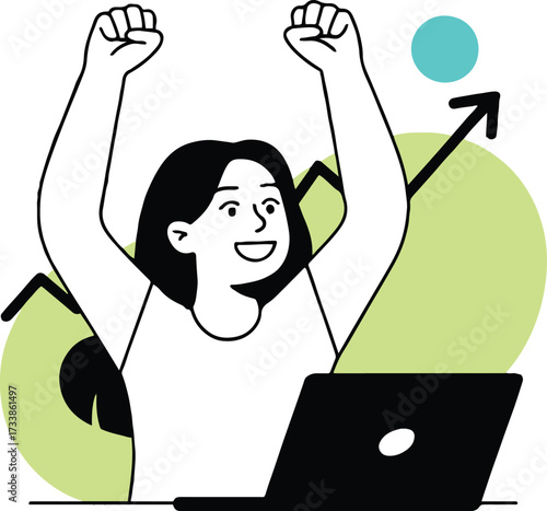 Vector art of a woman is celebrating success in front of her laptop, with an arrow pointing upwards, she is happy and excited about her work