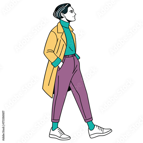 Stylish Stroll: A chic individual strides confidently, flaunting a modern ensemble with an air of elegance and refined taste. 