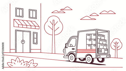 Delivery truck with boxes near building and trees house