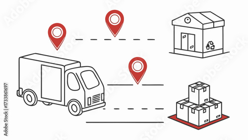 Delivery truck with location pins and boxes logistics