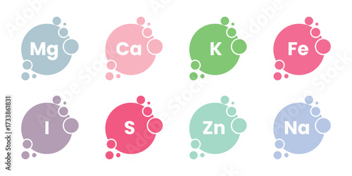 essential minerals and vitamins icon set. magnesium, calcium, potassium, iron, iodine, sulfur, zinc, sodium, mineral, vitamin, nutrition symbol. vector illustration 