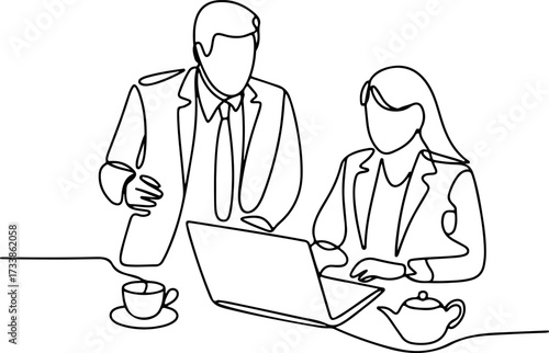 Dynamic one-line illustration of two businesspeople collaborating on a laptop project in a modern office environment