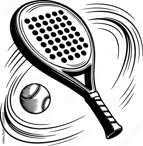 Dynamic black and white illustration of a padel racket and ball in action for sports concepts