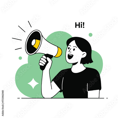 Vector art of a woman is speaking into a megaphone to make an announcement she is saying hi to the audience in a friendly manner