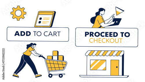 E commerce shopping process icons with text online shopping